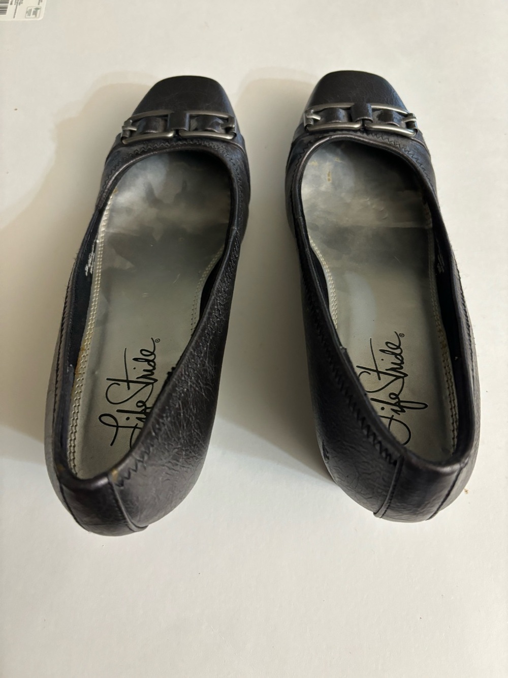Life Stride Women’s Gray Leather Square-Toe Black Wedge Heels Size 8.5M - Picture 3 of 9